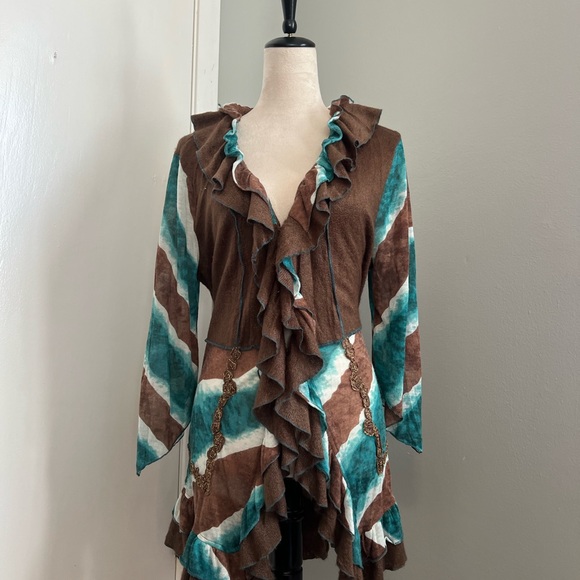 Jackets & Blazers - Brown and Teal Ruffled Cardigan